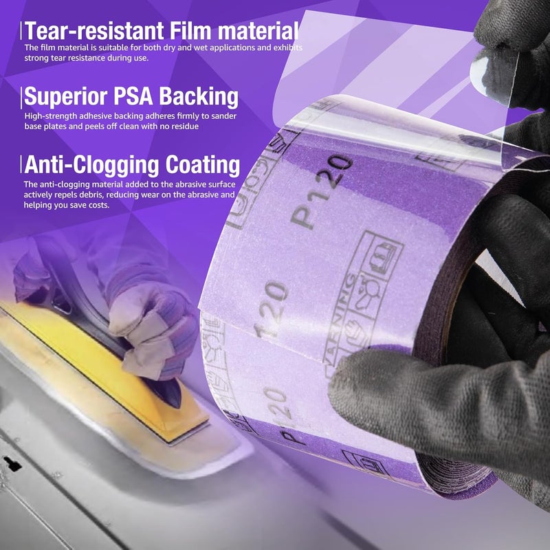 FASTPLUS 800 Grit PSA Purple Film Ceramic Sandpaper Roll, 2-3/4" Wide Continuous 20 Yard Longboard Sanding Roll Wet Dry Sanding Blocks Self Adhesive Sticky Back Sanding Sheets for Woodworking Automotive - Image 5